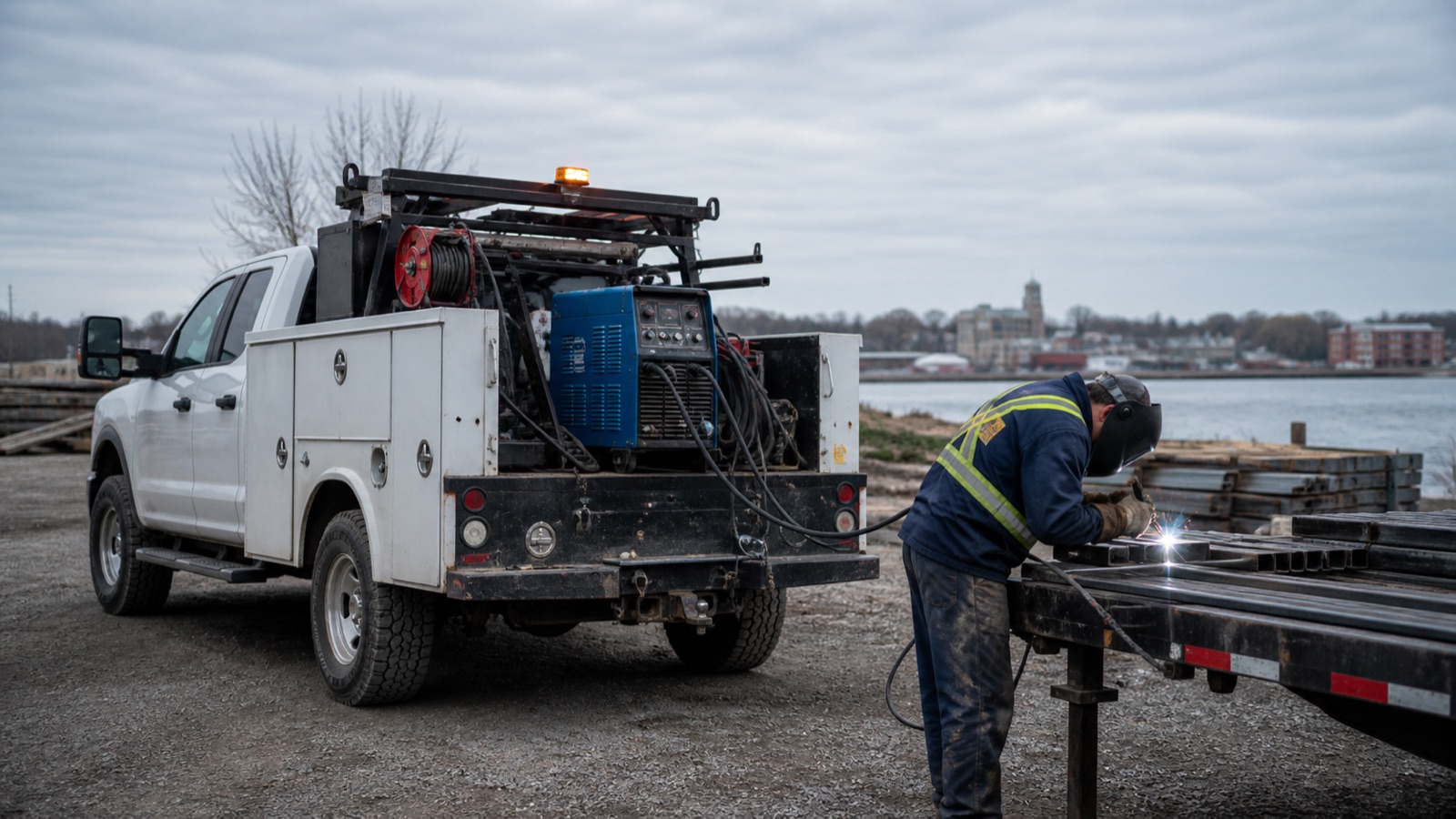 Mobile welding truck and equipment near the Belleville waterfront service area