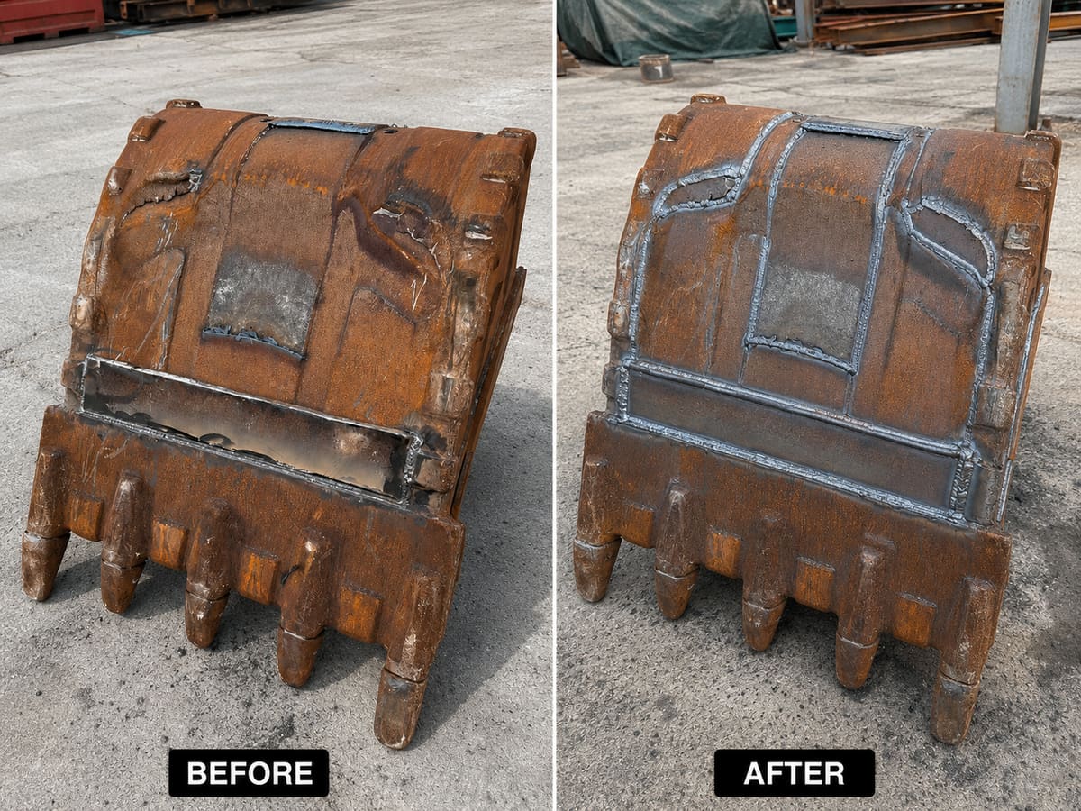 Excavator bucket crack repair weld on worn steel bucket in Belleville Ontario