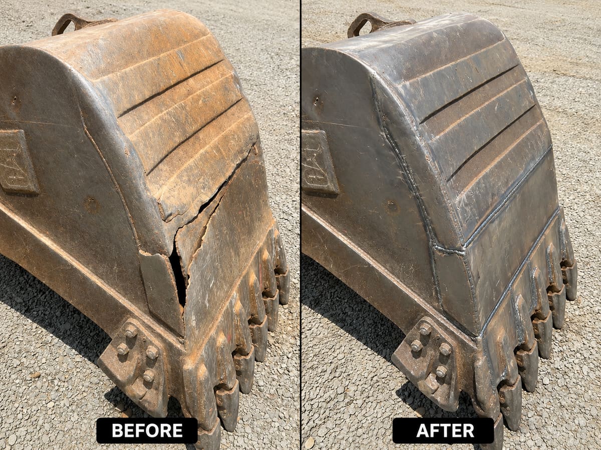Mobile welding repair on an excavator bucket at an outdoor Belleville area worksite