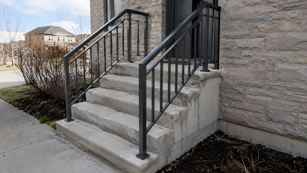 Finished black metal handrail installed on concrete steps in Belleville Ontario
