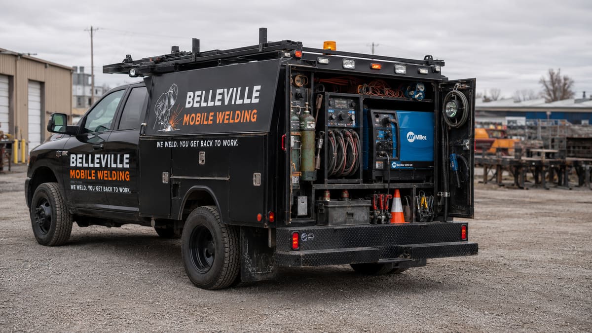 Mobile welding truck equipment compartment with welder generator, gas cylinder, cables, and tools