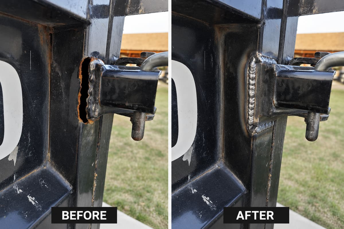 Detailed photo of a repaired utility trailer ramp hinge weld in Belleville